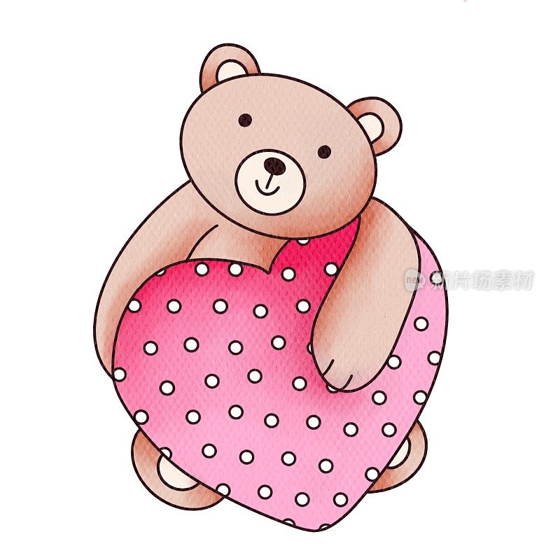 水彩泰迪熊有一个可爱的粉红色的心