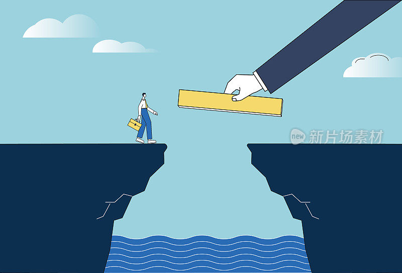 巨人用一块木板帮助白领跨过悬崖。?