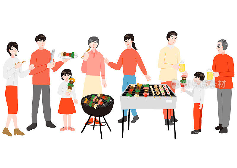 一个大家庭在中秋节吃烧烤