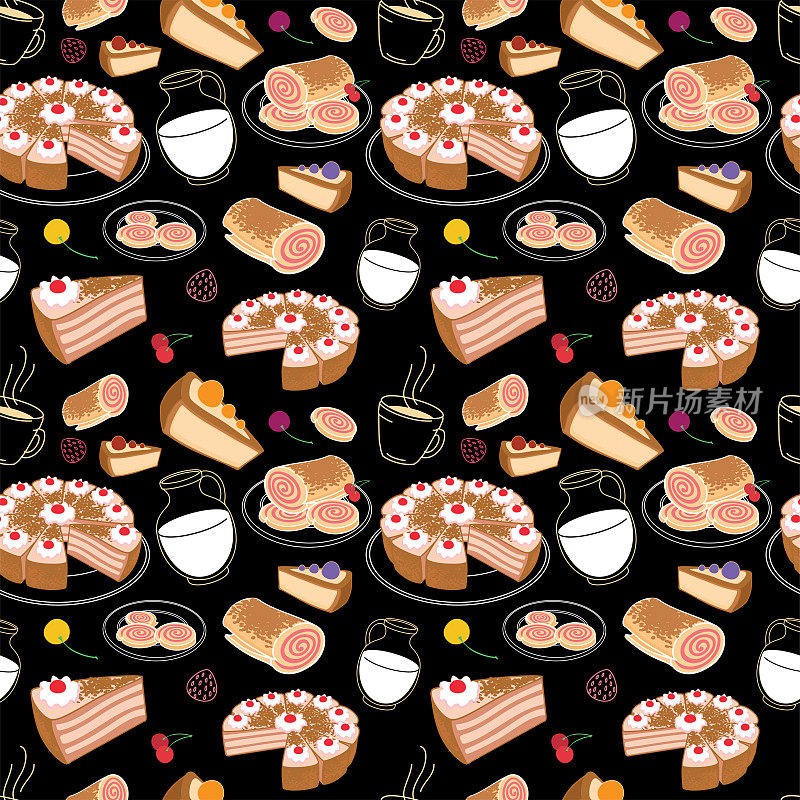无缝的甜点，糕点和蛋糕象征着一个咖啡馆