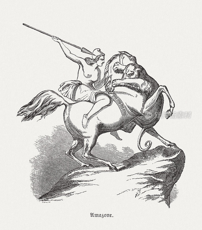 马背上的亚马逊，由奥古斯特·基斯，柏林，木刻，1893年出版