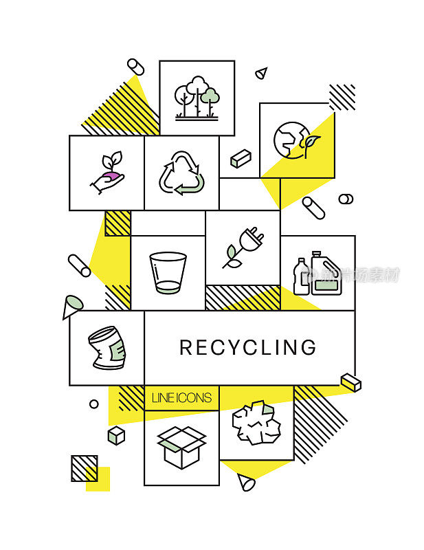 回收和零废物矢量旗帜设计概念。轮廓线图标矢量插图模板的网站，演示等。