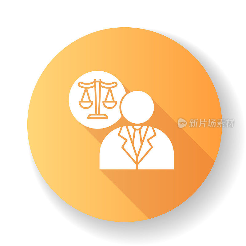 律师橙色平面设计长影子字形图标。律师。倡导者。法定代表人。法院。立法、执法。正义。法律援助。剪影RGB彩色插图