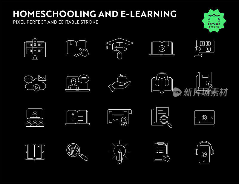 家庭教育和电子学习线图标设置与可编辑的描边。