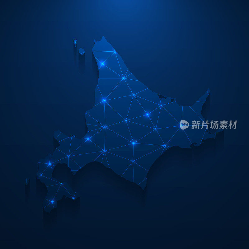 北海道地图网络-明亮的网格在深蓝色的背景