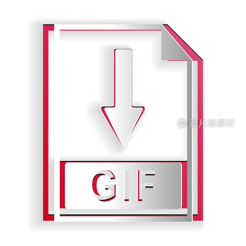 剪纸GIF文件文件图标。下载GIF按钮图标孤立的白色背景。纸艺术风格。向量