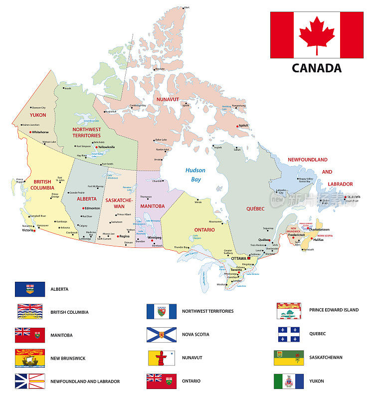 加拿大行政和政治矢量地图与旗帜
