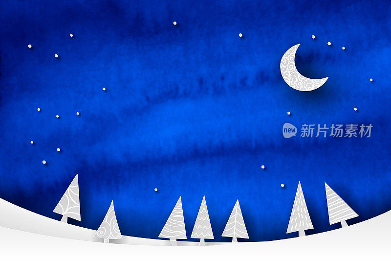 水彩和剪纸的冬天场景与夜空，月亮和杉树