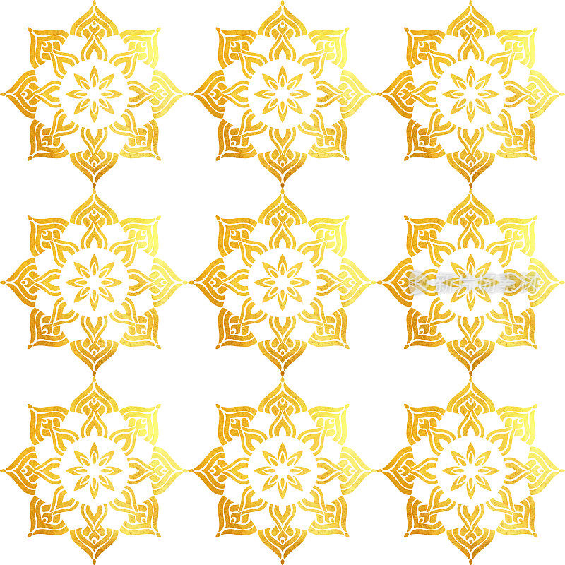 金箔手涂金属砖。无缝阿拉伯风格模式。矢量瓷砖图案，里斯本阿拉伯花卉马赛克，地中海无缝金色装饰。