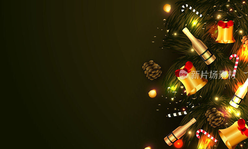 圣诞装饰在黑色背景与礼品盒和灯光插图