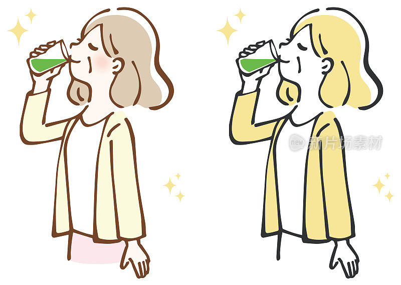 中年妇女饮用绿色果汁的插图