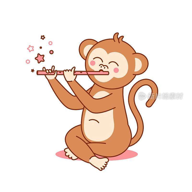 可爱的猴子坐着吹长笛