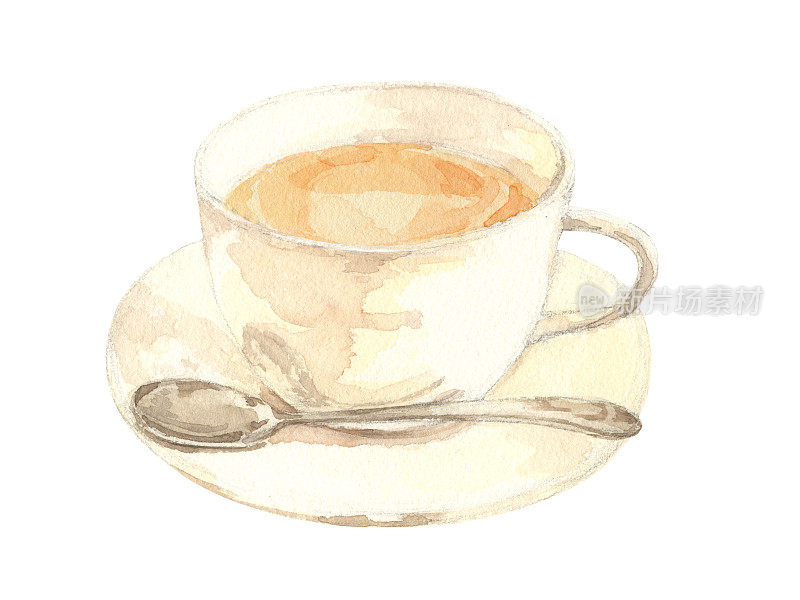 用勺子喝一杯奶茶。水彩画在白色的背景