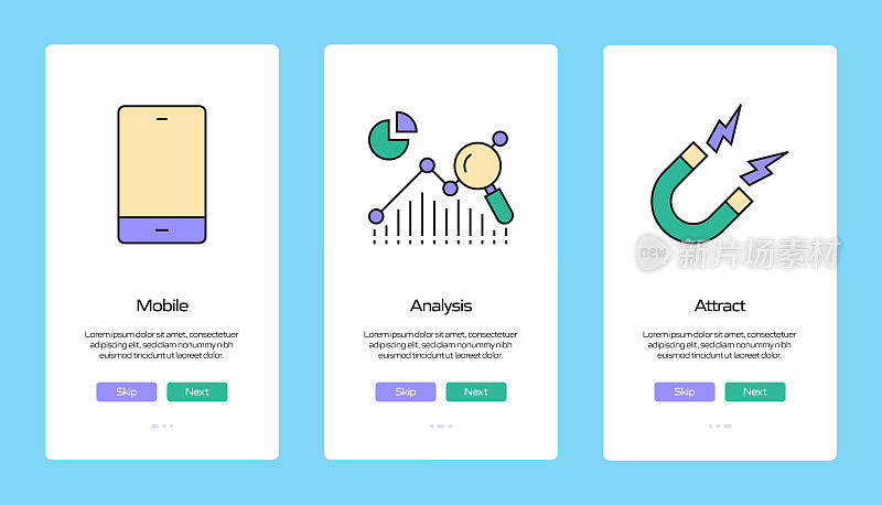 带有平面图标的移动应用页面屏幕用户体验，用户界面设计模板矢量插图