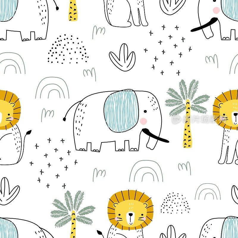 无缝的狩猎模式与狮子幼崽和大象，仙人掌和棕榈树在白色的背景。矢量插图印刷在包装纸，织物，明信片，服装。可爱的孩子们的背景