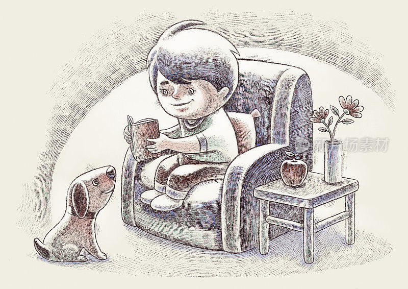 小男孩坐在扶手椅上看书