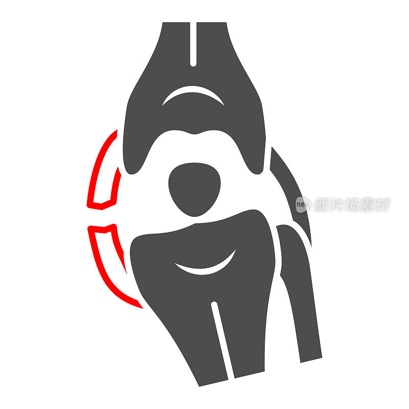 外侧膝关节韧带断裂固体图标，人类疾病的概念，膝盖问题的标志在白色背景，骨创伤图标在移动概念和网页设计的象形风格。矢量图形。