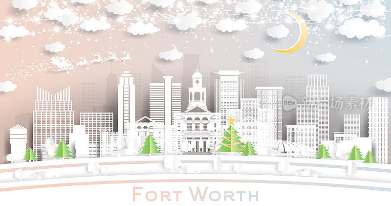 得克萨斯州沃斯堡市的天际线剪纸风格与雪花，月亮和霓虹灯花环。