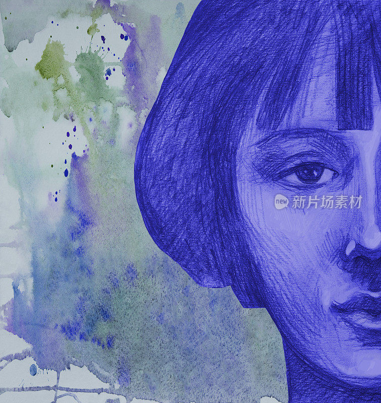 插图水彩画肖像女孩的短黑发和复古发型的阴影蓝色冰霜从洒满水彩画在纸上的斑点
