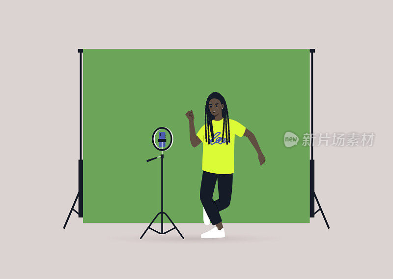 一个年轻的黑人女性角色用她们的手机在三脚架上录制一个舞蹈挑战视频，彩色键背景，现代z世代的生活方式