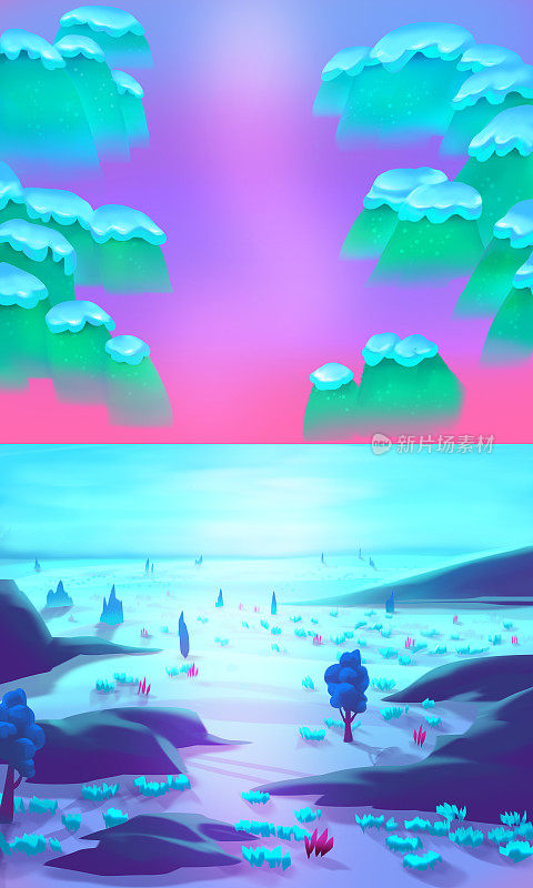 手机游戏设计师以可爱梦幻的云山为背景，在梦幻的世界环境中点缀雪花