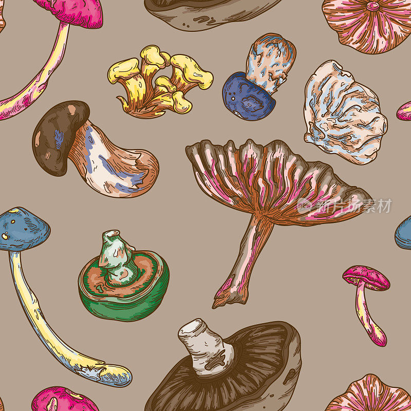 迷幻色彩线艺术森林蘑菇无缝模式