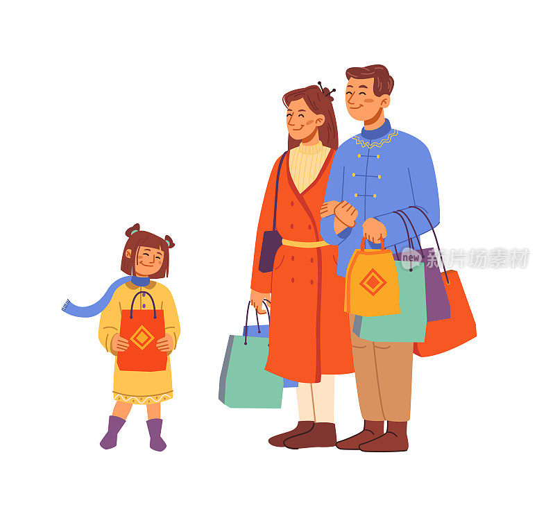 一家人穿着喜庆的民族服装，用买来的孤立扁平的卡通人物。向量春节庆祝，母亲、父亲和女儿带购物袋，节日送礼