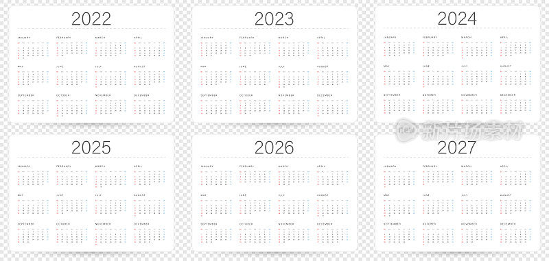 年份日历模板:2022年、2023年、2024年、2025年、2026年和2027年