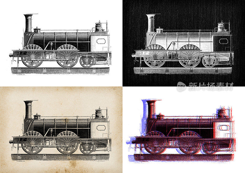 科学发现的古董插图:蒸汽动力机车
