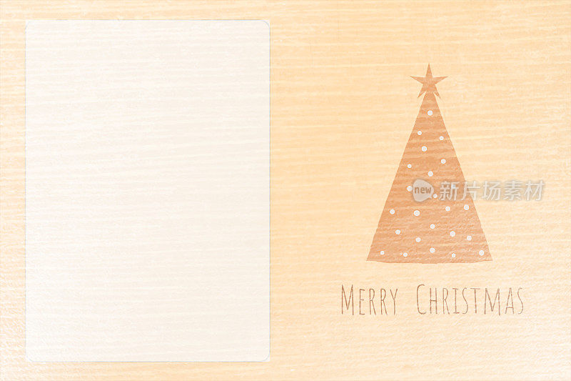 米色三角形斑点树与一颗星星的文本信息圣诞快乐水平矢量木制纹理背景与白色文本框