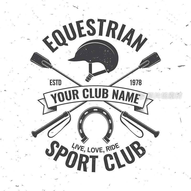 赛马运动俱乐部徽章、补丁、会徽、标志。矢量插图。复古单色马术标签与头盔，马蹄铁和骑马作物剪影。骑马运动。概念衬衫或标志，印刷，邮票或t恤。