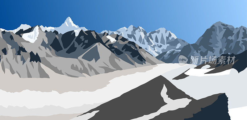 昆布冰川，昆布山谷和阿玛达布拉姆山，矢量插图，尼泊尔喜马拉雅山脉