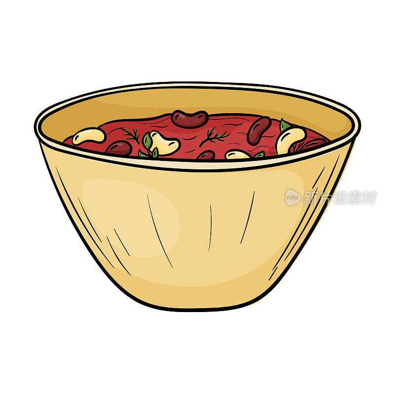 矢量涂鸦辛辣的墨西哥食物插图。一碗孤立的白豆汤。