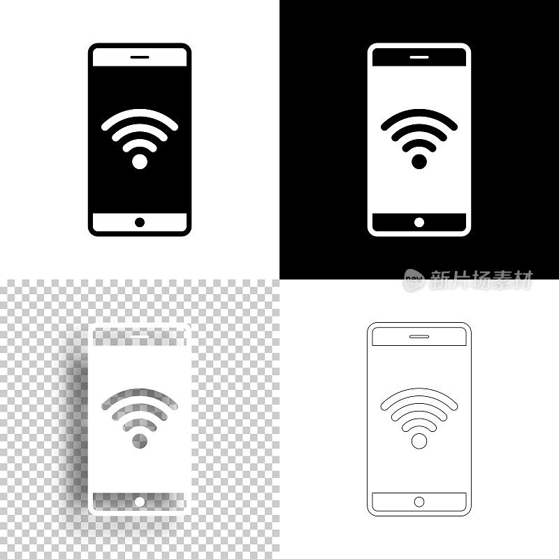 智能手机与无线网络。图标设计。空白，白色和黑色背景-线图标