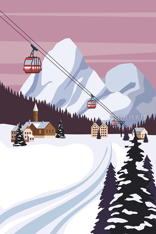 瑞士阿尔卑斯山脉冬季度假胜地。雪景峰顶，坡地用红色缆车吊起。旅行复古海报，矢量插图