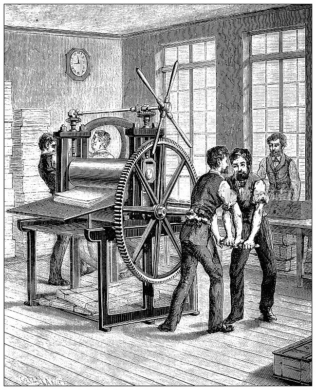 十九世纪工业、技术和工艺的古董插图:印刷机印刷