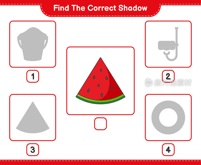 找到正确的影子。找到并匹配西瓜的正确阴影。教育儿童游戏，可打印的工作表，矢量插图