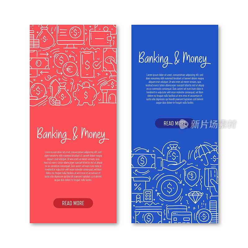 银行和货币相关的对象和元素。手绘矢量涂鸦插图集合。横幅模板与不同的银行和货币对象