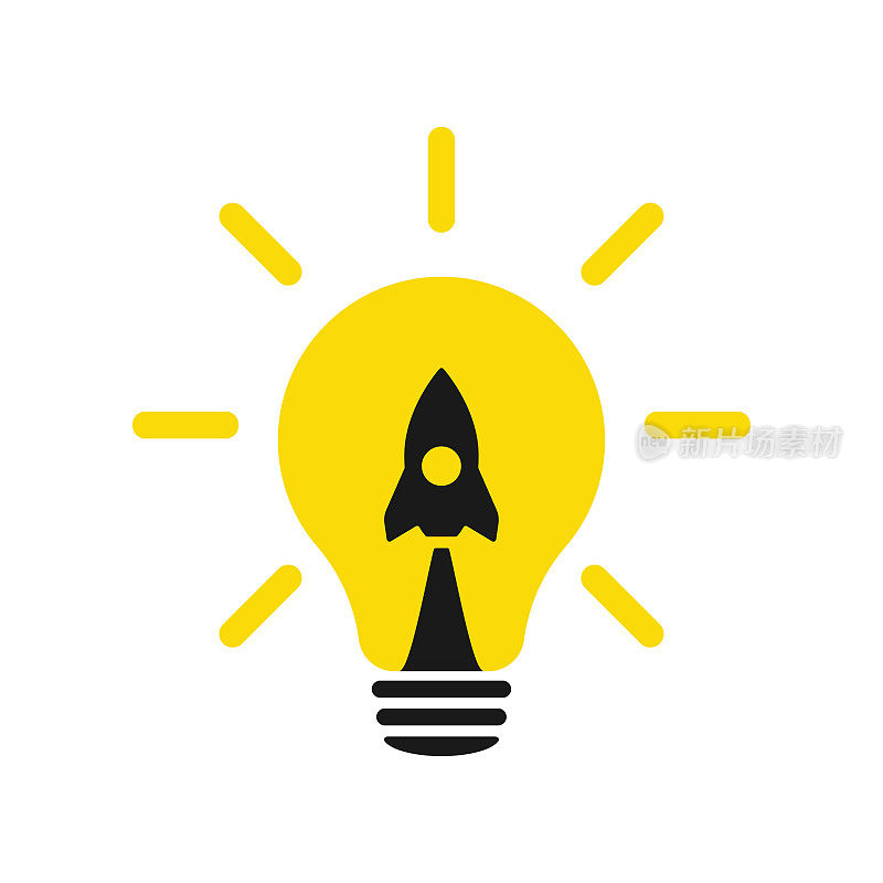 灯和火箭。灯泡和飞机的标志或图标。起飞的概念。网页设计。