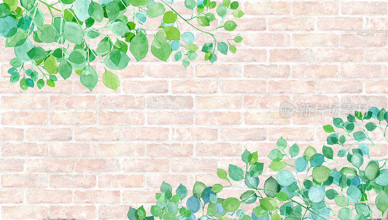 清新的绿色水彩插图对明亮的砖墙背景。春夏绿色植物装饰背景。墙纸。
