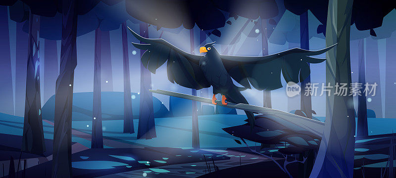 夜晚在针叶林中飞翔的黑乌鸦