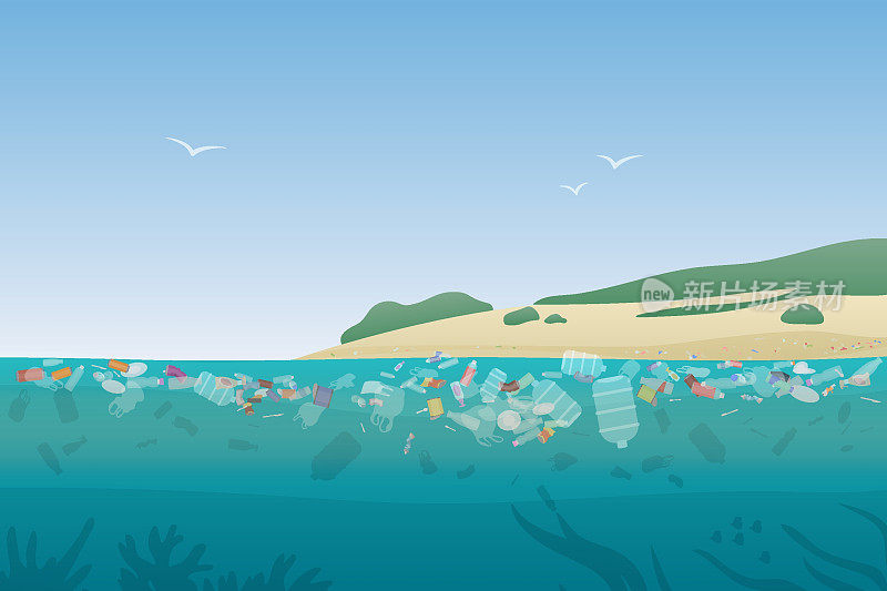 垃圾和塑料垃圾污染了沿海景观，漂浮的瓶子