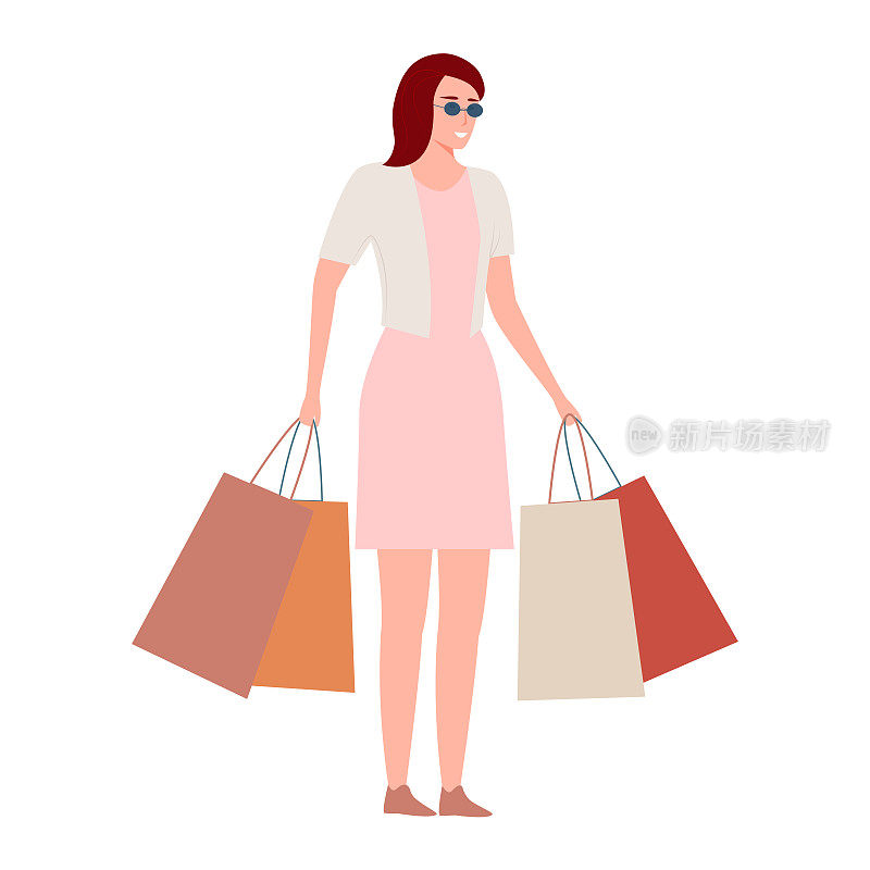年轻时尚女性拿着购物袋购物后孤立在白色背景。现代女孩与夏季风格。矢量插图。
