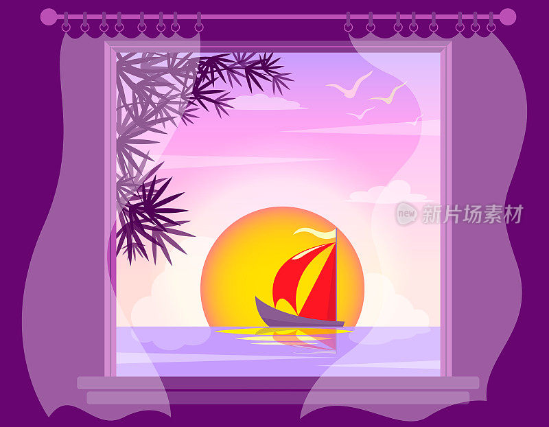在游艇上从窗口看到海上日落