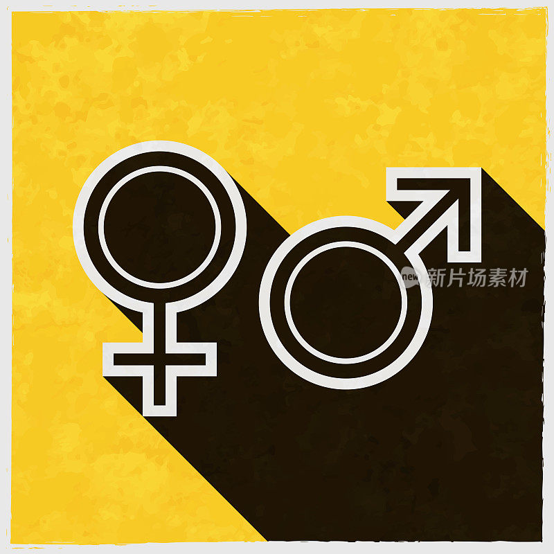 性别符号。图标与长阴影的纹理黄色背景