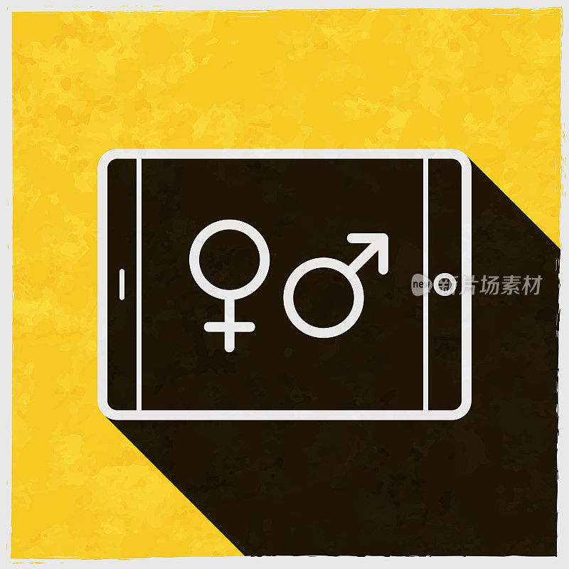 带有性别符号的平板电脑。图标与长阴影的纹理黄色背景