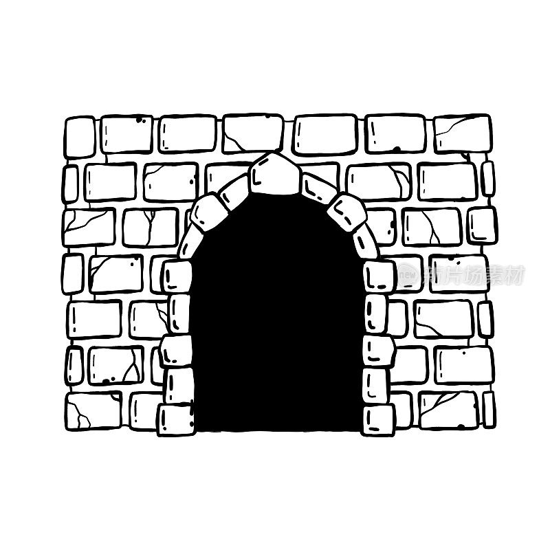 城堡的门。童话城堡或中世纪石墙入口。木扇敞开的门。卡通手绘黑白插图