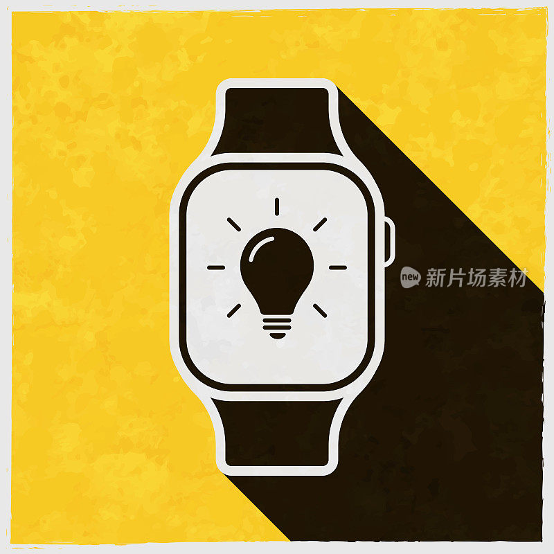 带灯泡的智能手表。图标与长阴影的纹理黄色背景