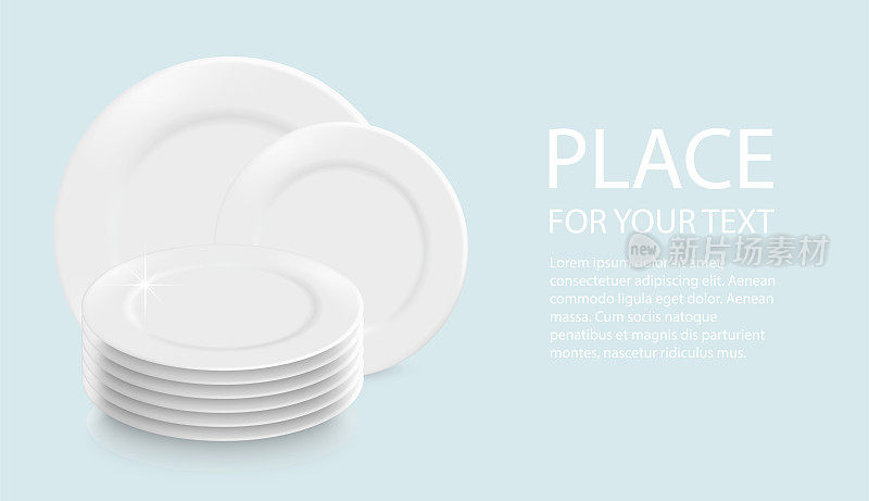 向量3d现实白色盘子堆叠，食物。板块图标与文本隔离。前视图。清洁餐具设计模板。