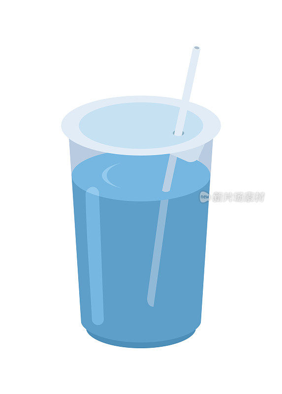 用带吸管的塑料杯喝水。简单的平面插图